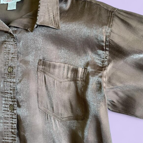 Vintage New York Jeans Metallic Brown Button-Up Blouse – Size L – Made in Korea - Picture 2 of 7